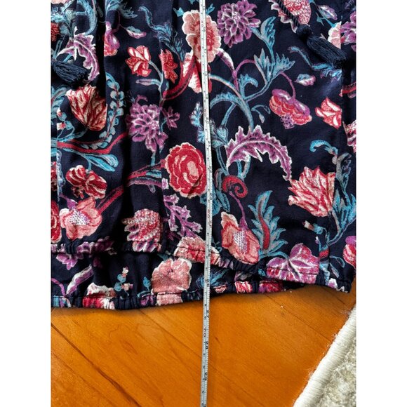 Lucky Brand Floral Blouse L Boho Navy Pullover Long Sleeve Pleated - Picture 7 of 10